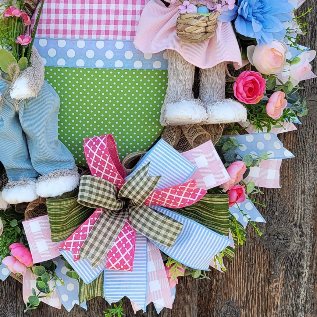 Easter Bunny Couple Wreath – Pastel Bunny & Easter Egg Spring Front Door Wreath