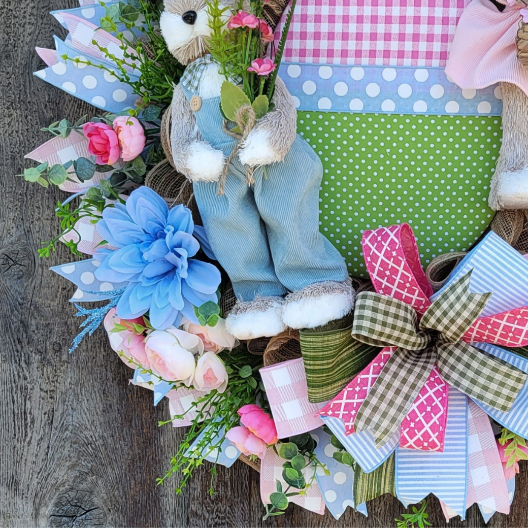 Easter Bunny Couple Wreath – Pastel Bunny & Easter Egg Spring Front Door Wreath