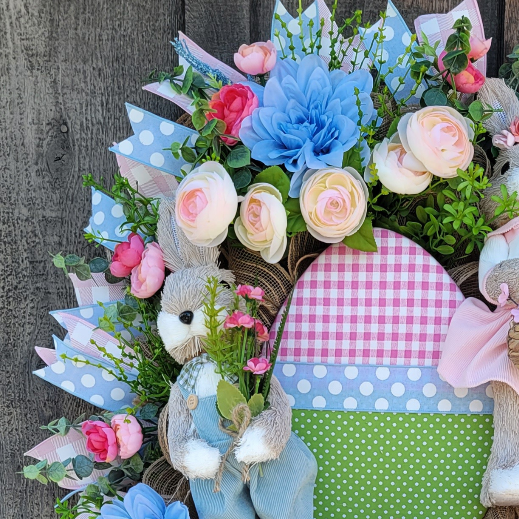 Easter Bunny Couple Wreath – Pastel Bunny & Easter Egg Spring Front Door Wreath