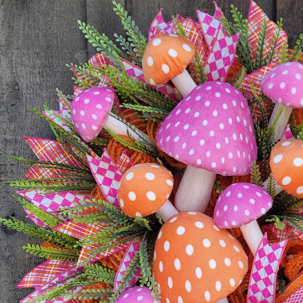 Whimsical Mushroom Wreath – Pink & Orange Mushroom Front Door Wreath – Spring Garden Decor