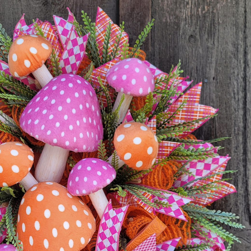 Whimsical Mushroom Wreath – Pink & Orange Mushroom Front Door Wreath – Spring Garden Decor