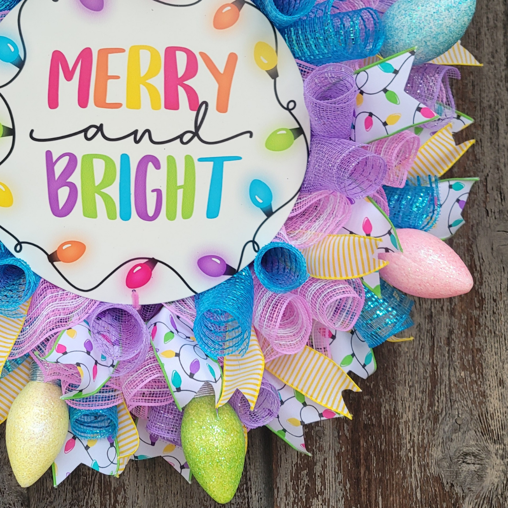 Merry and Bright Christmas Light Wreath – Colorful Christmas Front Door Wreath