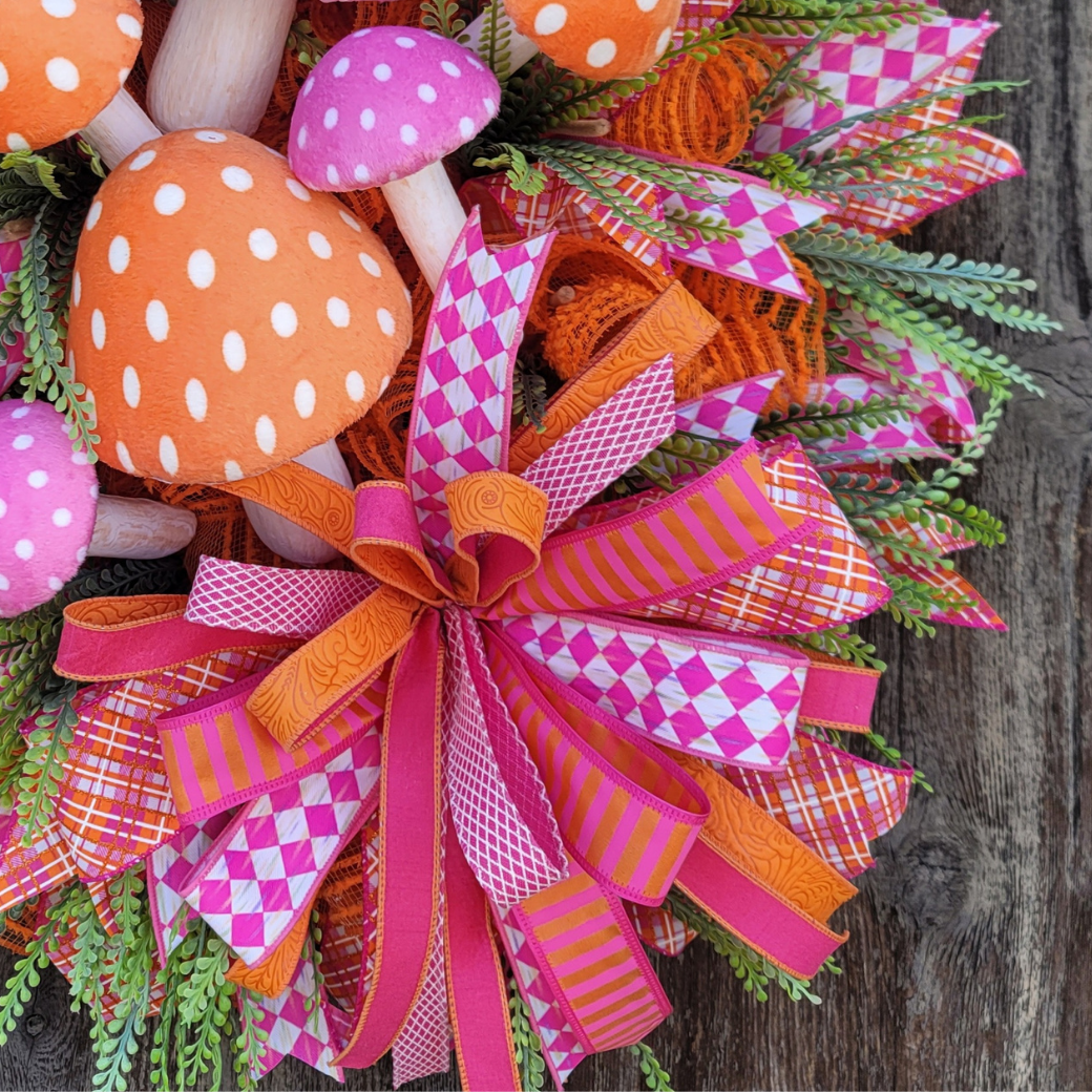 Whimsical Mushroom Wreath – Pink & Orange Mushroom Front Door Wreath – Spring Garden Decor