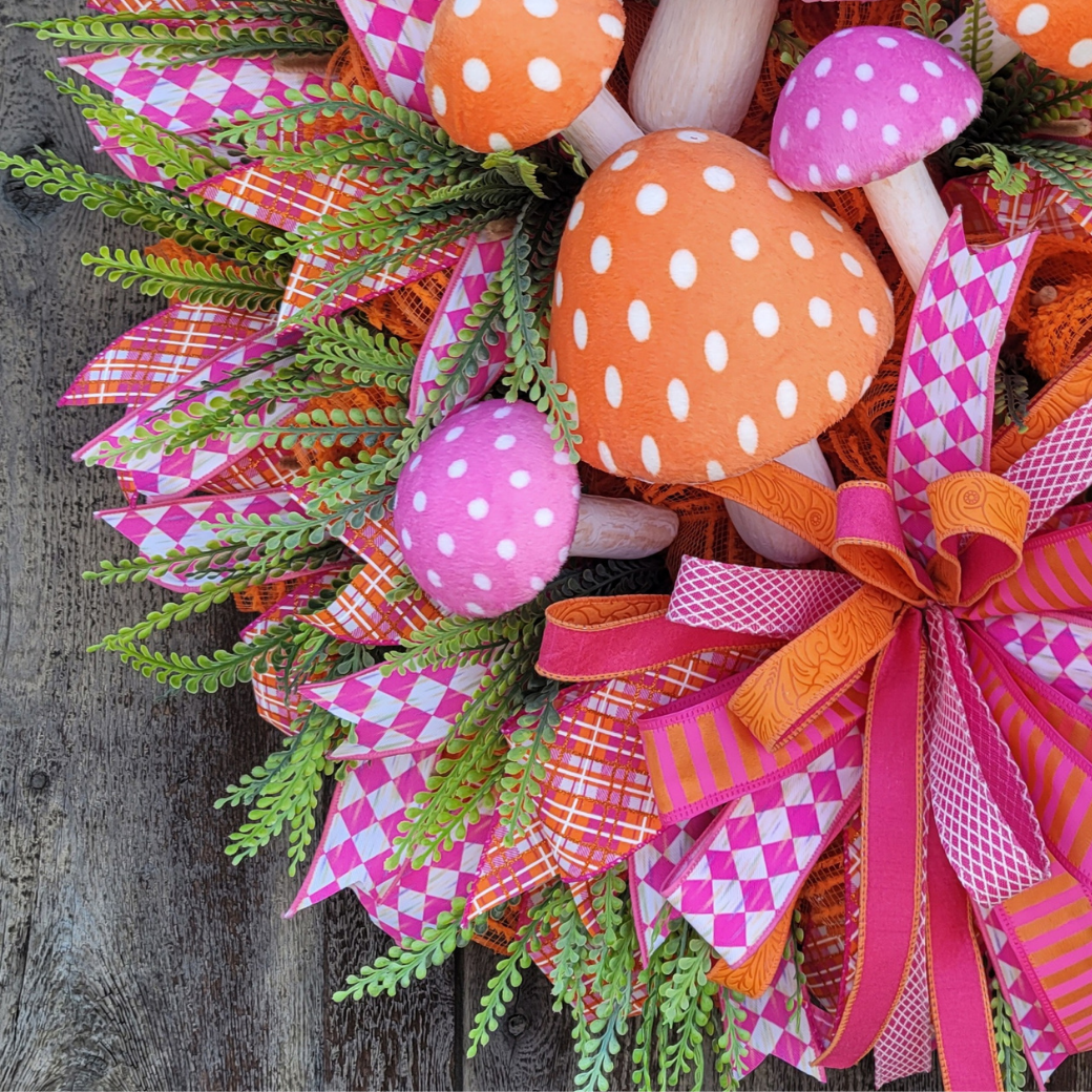 Whimsical Mushroom Wreath – Pink & Orange Mushroom Front Door Wreath – Spring Garden Decor