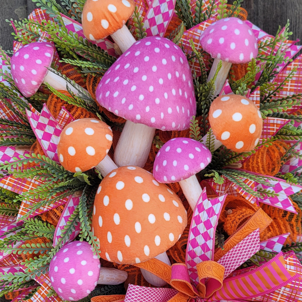 Whimsical Mushroom Wreath – Pink & Orange Mushroom Front Door Wreath – Spring Garden Decor