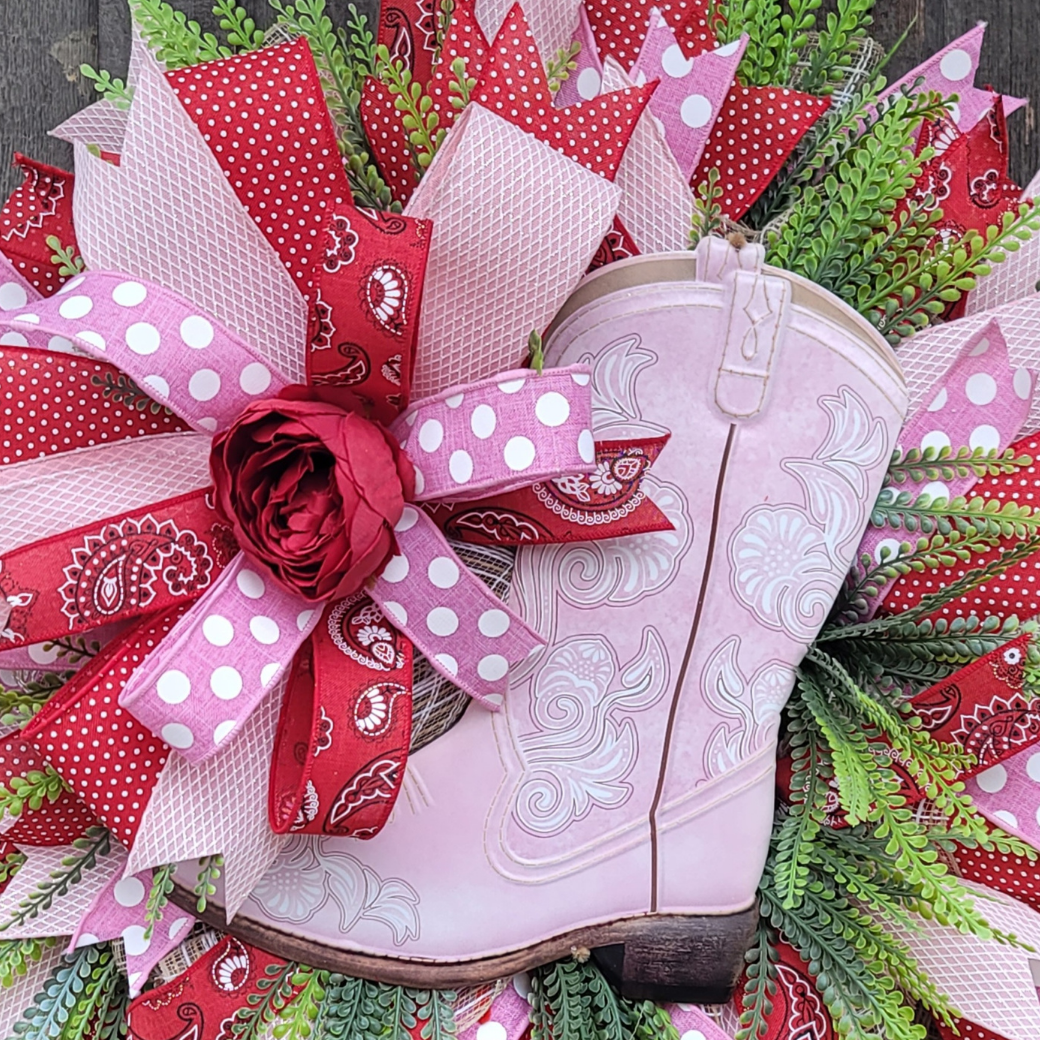 Pink Cowgirl Boot Wreath – Western Front Door Wreath – Country Girl Door Decor