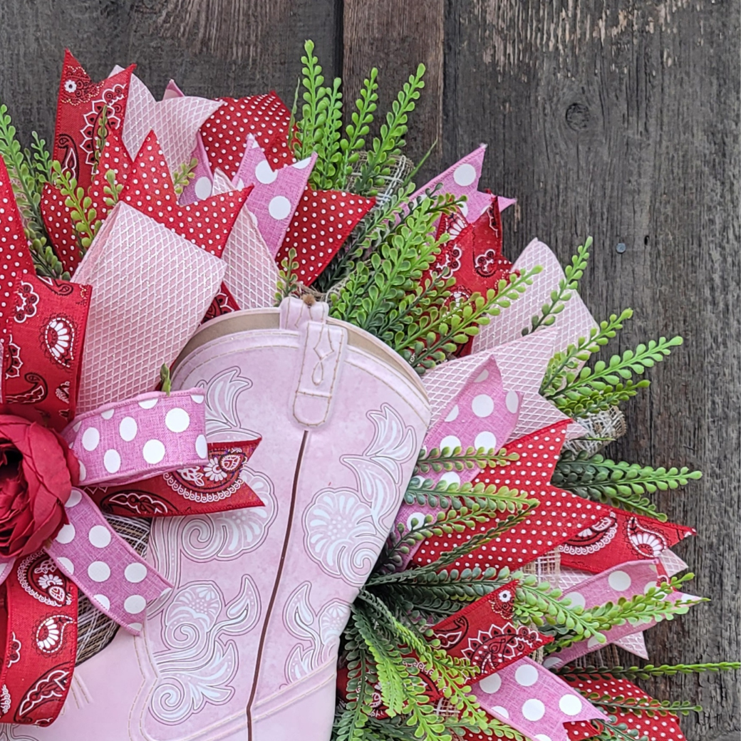 Pink Cowgirl Boot Wreath – Western Front Door Wreath – Country Girl Door Decor
