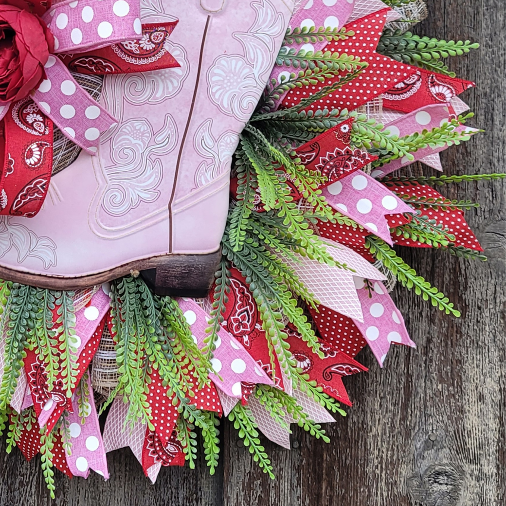 Pink Cowgirl Boot Wreath – Western Front Door Wreath – Country Girl Door Decor