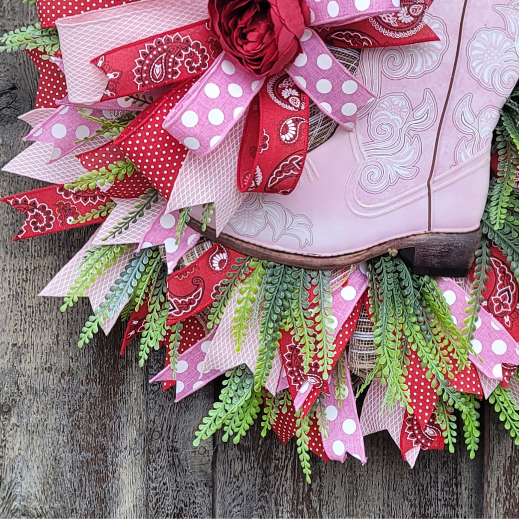 Pink Cowgirl Boot Wreath – Western Front Door Wreath – Country Girl Door Decor