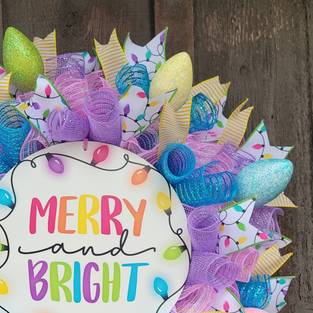 Merry and Bright Christmas Light Wreath – Colorful Christmas Front Door Wreath
