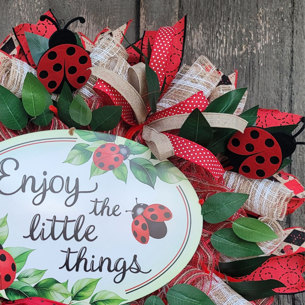 Ladybug “Enjoy the Little Things” Wreath – Spring Ladybug Front Door Oval Wreath