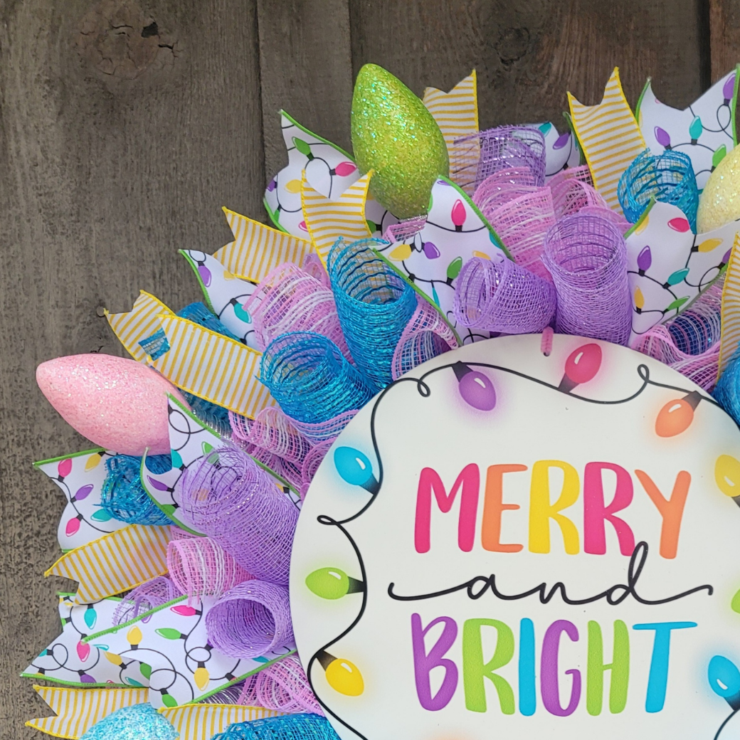 Merry and Bright Christmas Light Wreath – Colorful Christmas Front Door Wreath