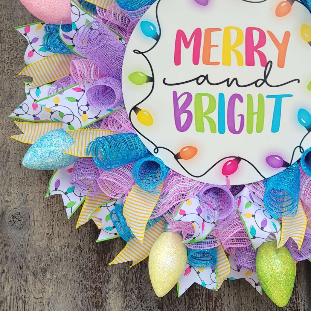 Merry and Bright Christmas Light Wreath – Colorful Christmas Front Door Wreath