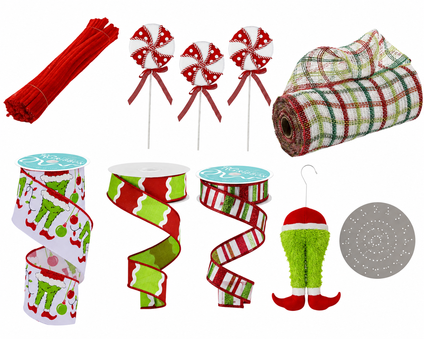 DIY Whimsical Christmas Character Wreath Kit with Furry Elf Legs, Peppermint Picks & Plaid Mesh