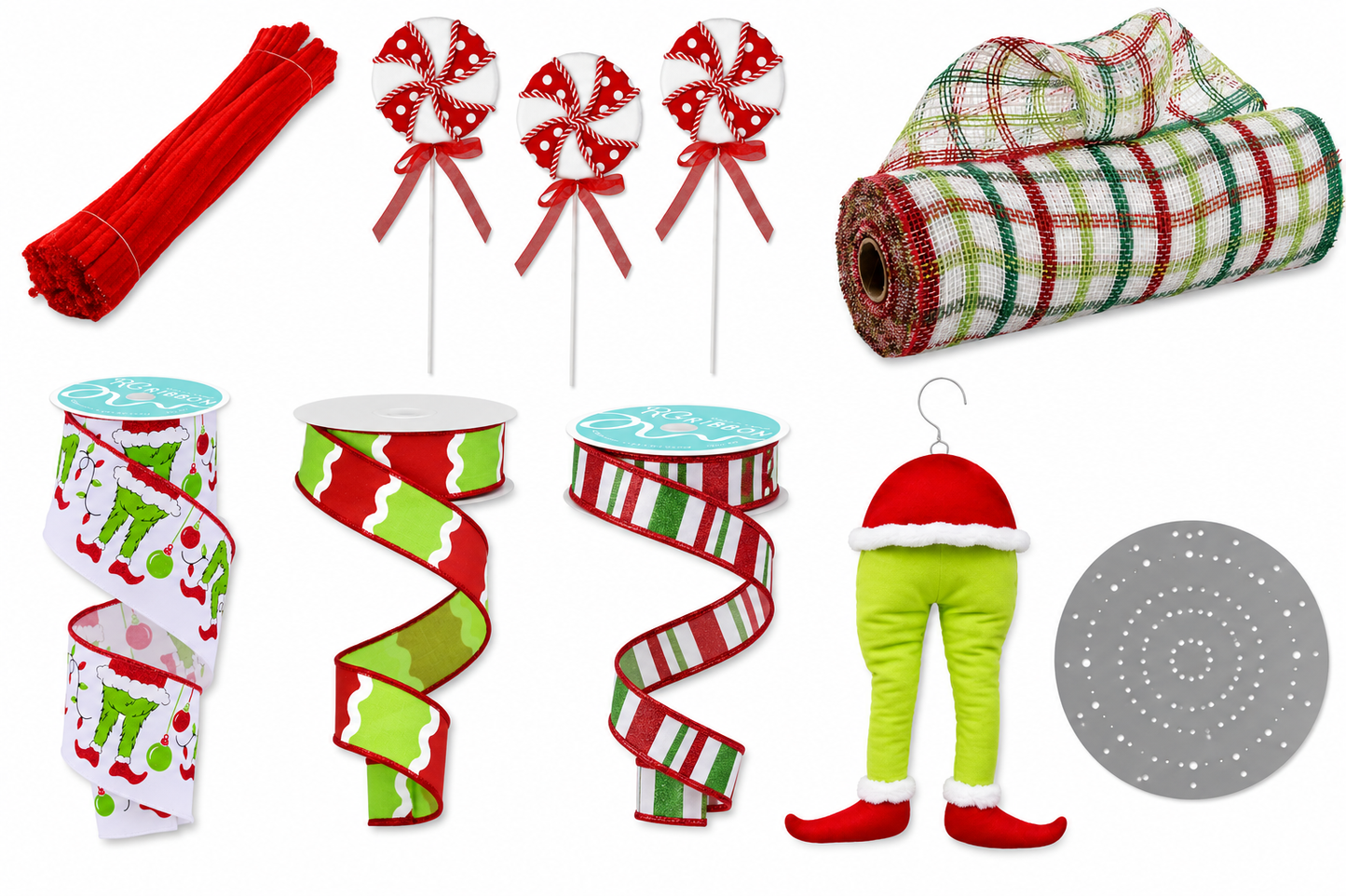 DIY Whimsical Green Christmas Character Wreath Kit with Elf Legs, Peppermint Picks & Ribbon