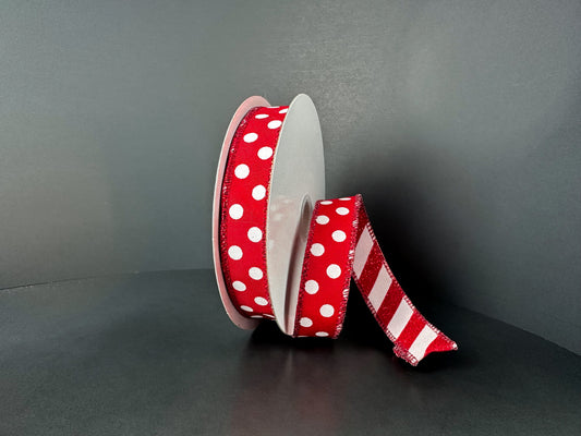 D735810512     7/8"X10YDS  Double Sided  Red STN- Wht Dots/Rd-Wht Glitter Candy Cane Stripe