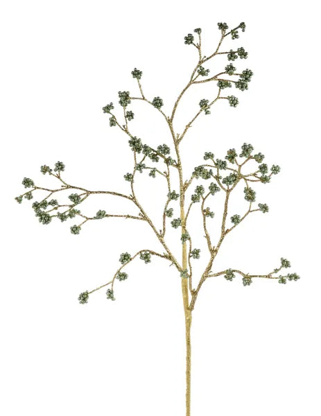 FH8205M7    26.5"L Glitter Twig/Mini Bead Spray   Sage Green/Gold