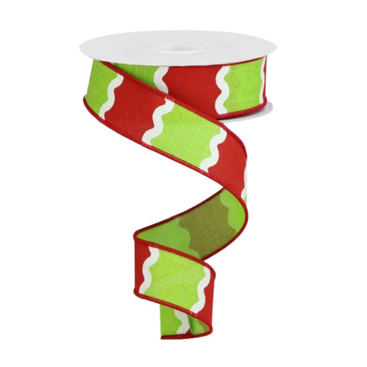 RGA1163E9 1.5" X 10 Yd Wavy Stripes On Royal Lime/red/white