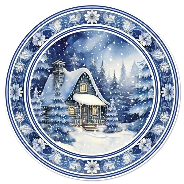 MD1678   12"Dia Metal Winter Cabin Scene Sign   Blue/White