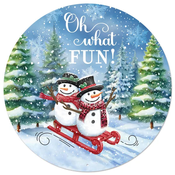 MD1679    12"Dia Metal Oh What Fun! Snowman Sign   Blue/White/Green/Red
