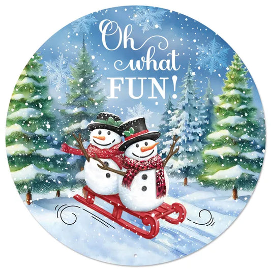 MD1679    12"Dia Metal Oh What Fun! Snowman Sign   Blue/White/Green/Red