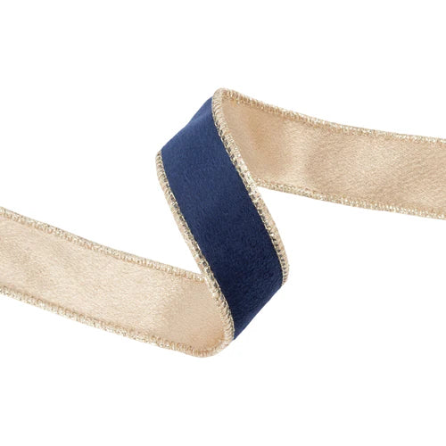7115W37425E   1" x 10 yd- Reversible Classic Velvet Ribbon Navy Gold