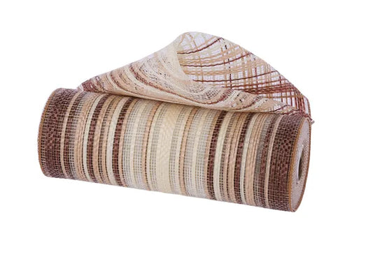 RE13861W   10" x 10yd Vertical Ombre Stripe Mesh   Dark Brown/Natural/Cream