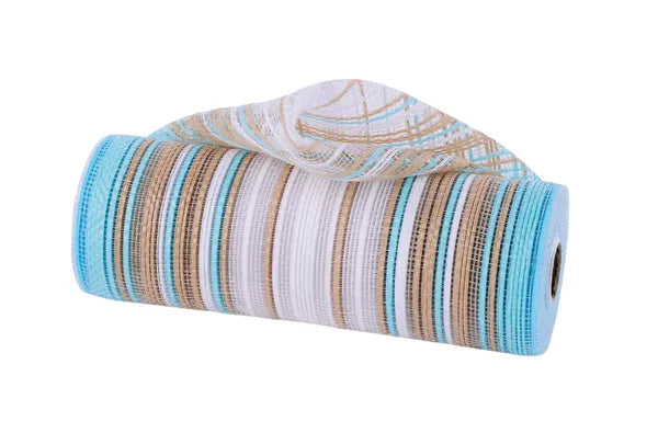RE13861X   10" x 10yd Vertical Ombre Stripe Mesh   Robin Egg/Natural/White