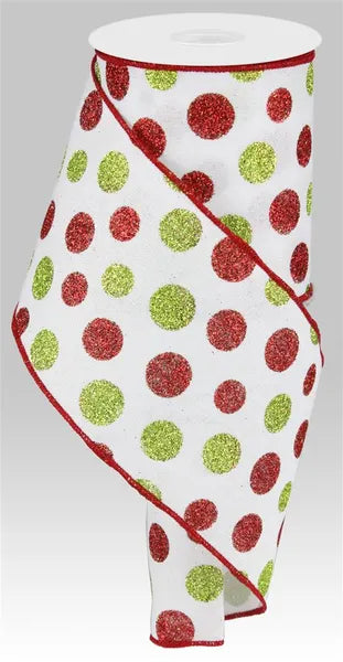 RG0170527     4" x 10yd Multi Size Glitter Dots/Royal    White/Red/Green