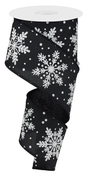 RG0176302   2.5" x 10yd Glittered Snowflakes On Royal   Black/White/Silver