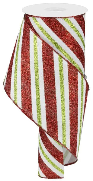 RG0176727    4" x 10yd Diagonal Glitter Stripe/Royal   White/Red/Lime