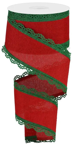 RGA15424N   2.5" x 10yd Lace Edge Royal Burlap   Emerald Green/Red