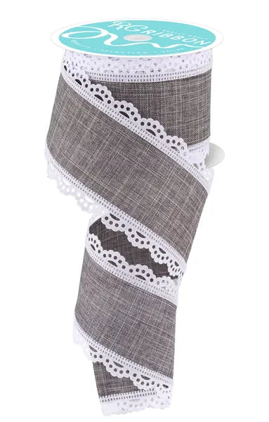 RGA1542NJ  2.5" x 10yd Lace Edge Royal Burlap White/Grey