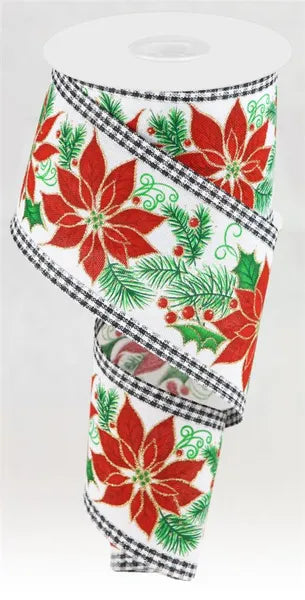 RGA800227   2.5" x 10yd Poinsettia/Berries/Gingham   White/Red/Grn/Gld/Blk