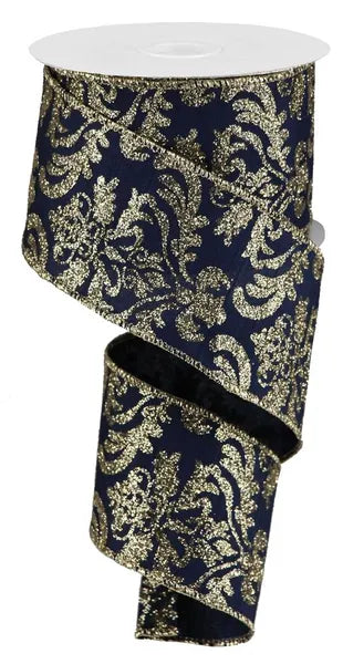 RGB132519    2.5" x 10yd Bold Damask/Faux Dupioni   Navy Blue/Lt Gold