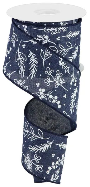 RGC172119    2.5" x 10yd Hand Drawn Winter Greenery     Navy/White