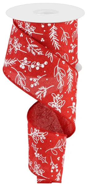 RGC172324      2.5" x 10yd Hand Drawn Winter Greenery      Red/White