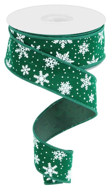 RGC182906    1.5" x 10yd Mini Snowflake On Velvet    Emerald/White