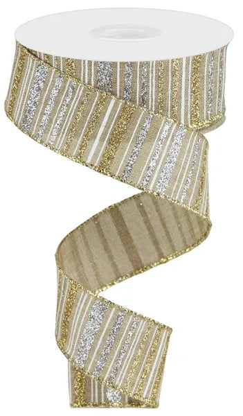 RGC195572    1.5" x 10yd Glttr Stripe On Royal Burlap   Light Beige/Gold/Silver