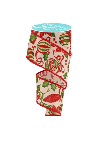 RGF1344C2  2.5" x 10yd Poinsettia/Ornaments Dark Cream/Multi