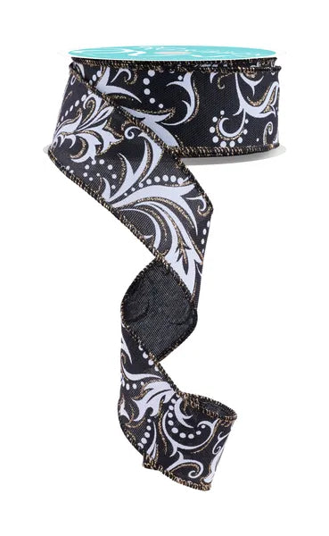 RGF144602     1.5" x 10yd Leaf Filagree W/Dots   Black/White/Champagne