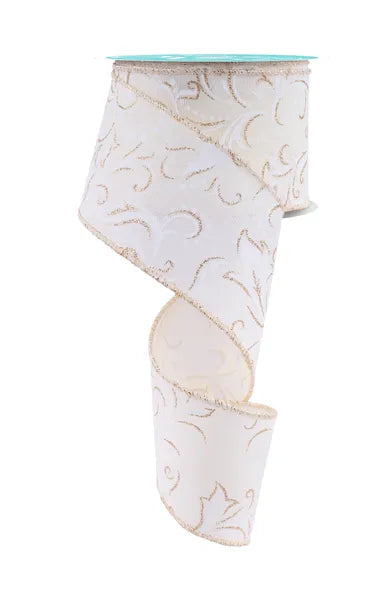 RGF144730   2.5" x 10yd Leaf Filagree W/Dots   Ivory/White/Champagne