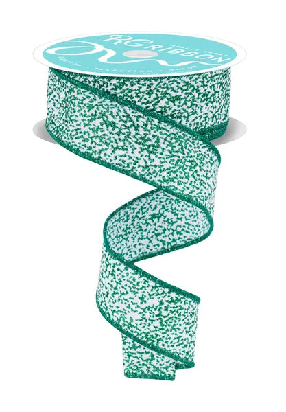 RGF181306   1.5" x 10yd Snow Glitter    White/Emerald Green