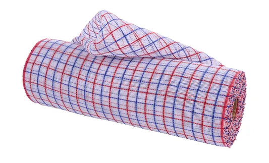 RY500388   10.25" x 10yd Fine Weave Faux Jute Check   White/Red/Blue