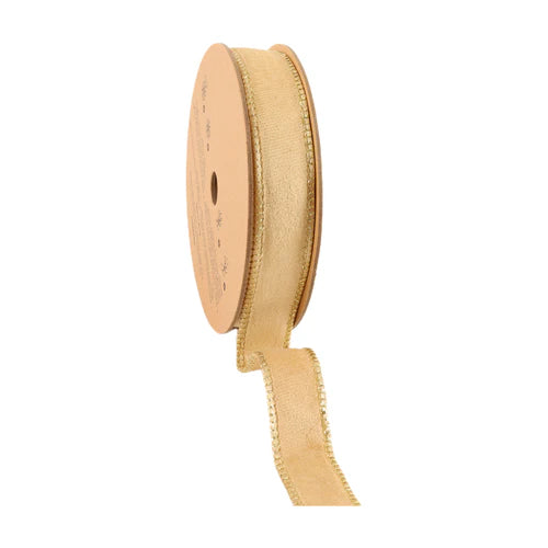 7115W83525E  1" x 10 Yd -Reversible Classic Velvet Wired Ribbon- Tan/Gold