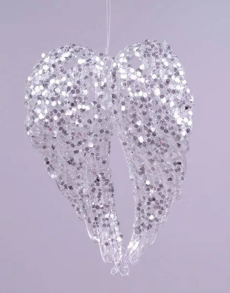 XJ708945  6"H x 4.25"L Glitter Angel Wing Orn Clear