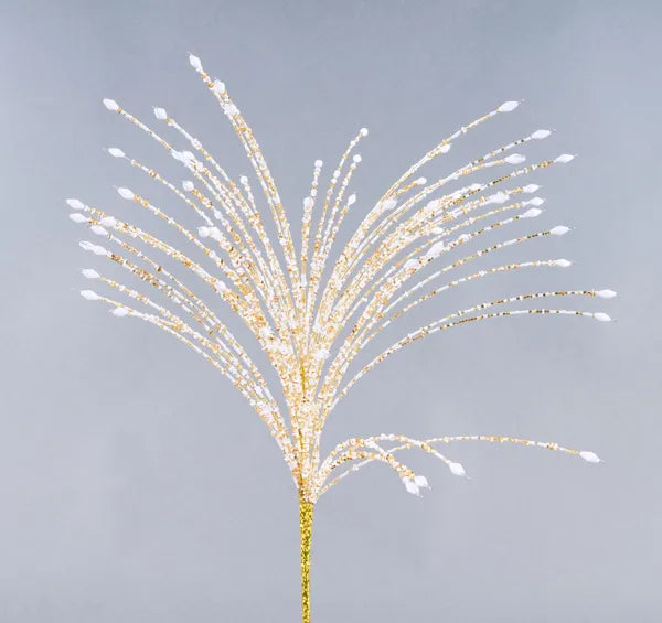XS130432  24"L Sequin/Glass Bead Spike Spray 18K Gold/White