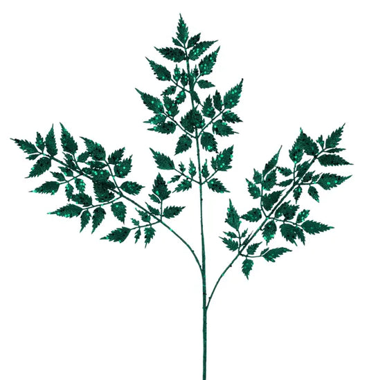 XS249073  25"L Glitter Fern Spray Hunter Green