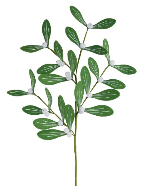 XS418909  23"L Mistletoe Leaf/Pompom Berry Spray Green/Ivory