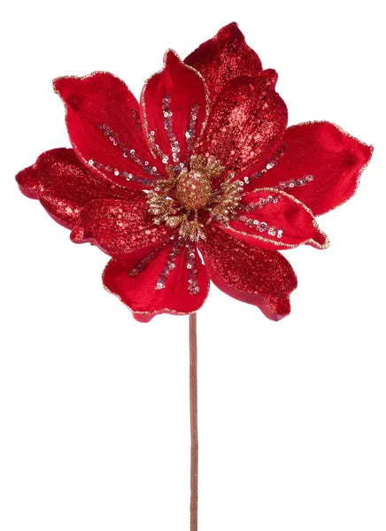 XS720724  9"Dia Velvet/Glitter Magnolia Stem Red/Gold